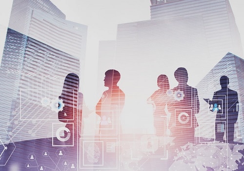 Business people brainstorming, digital interface